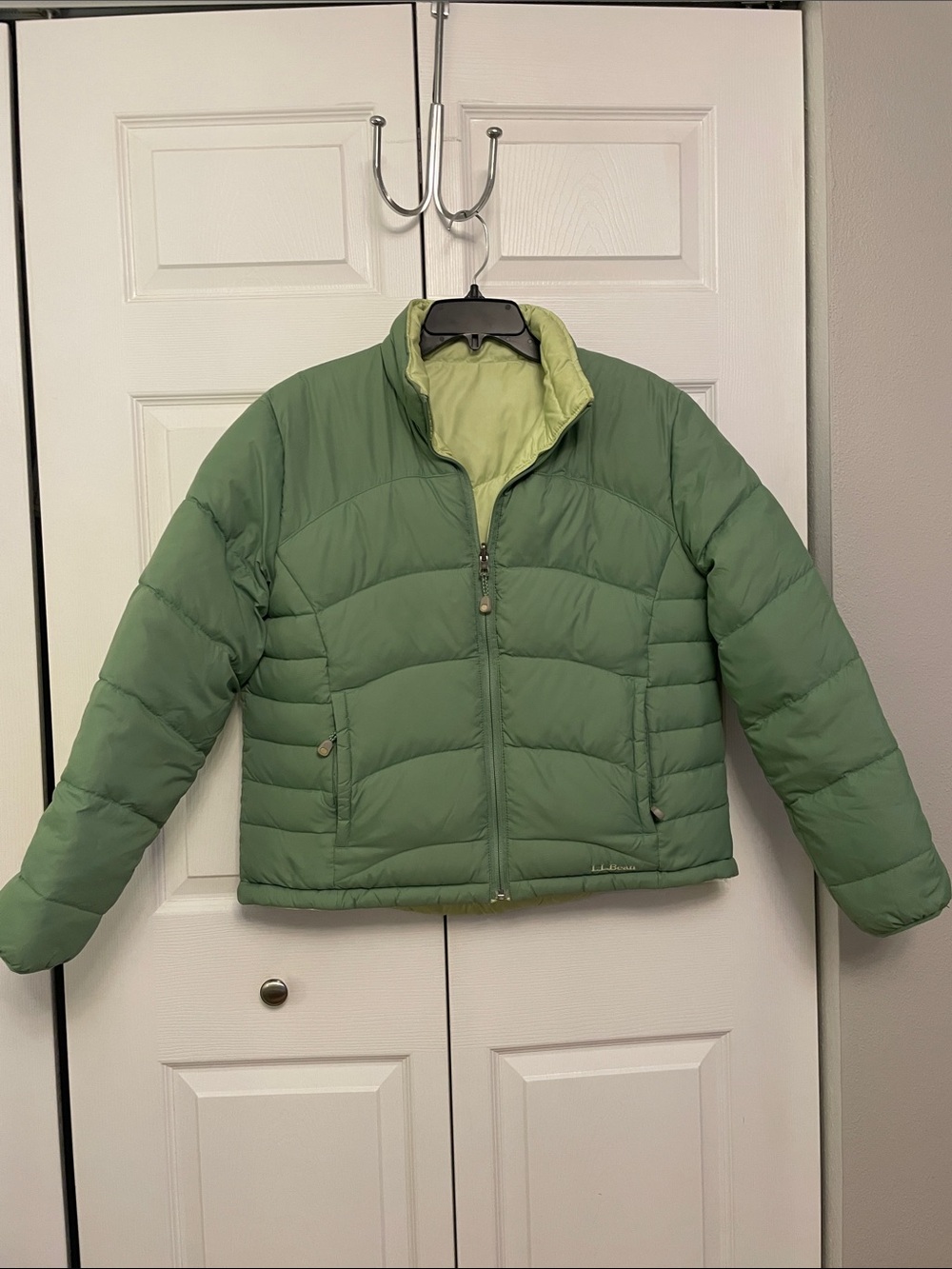 L.L. Bean Green Reversible Puffer Goose Down Winter Coat Large - 2 Coats In One